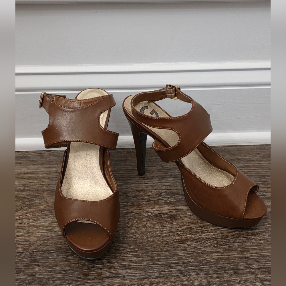 G By Guess Brown Leather Pumps With Ankle Strap Size 8